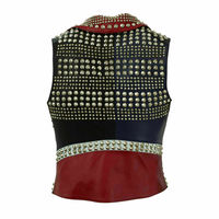 New Mens Black Red Silver Rivet Studded Punk Unique Cowhide Biker Leather Vest - Thumbnail 1