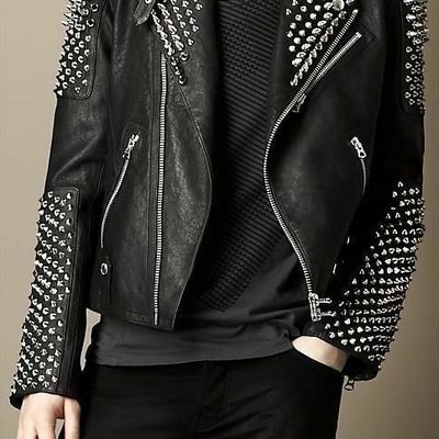 New mens black punk full silver metal spiked studded brando real leather jacket