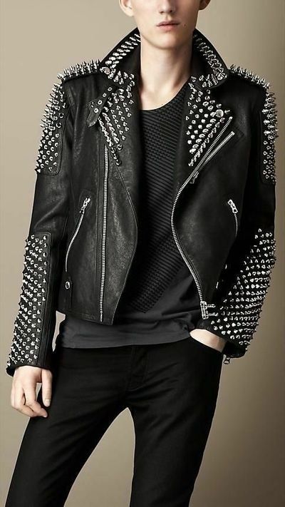 New Mens Black Punk Full Silver Metal Spiked Studded Brando Real Leather Jacket
