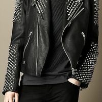 New Mens Black Punk Full Silver Metal Spiked Studded Brando Real Leather Jacket - Thumbnail 4