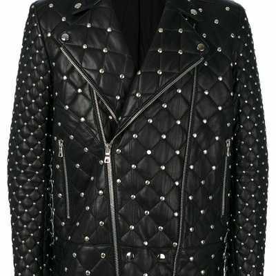 Mens balmain brando style full silver studded quilted zippered leather jacket