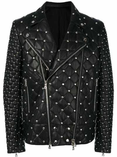 Mens Balmain Brando Style Full Silver Studded Quilted Zippered Leather Jacket