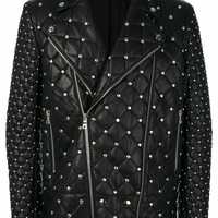 Mens Balmain Brando Style Full Silver Studded Quilted Zippered Leather Jacket - Thumbnail 4
