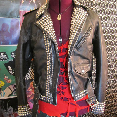 New mens black punk silver studded brando style leather jacket with belt