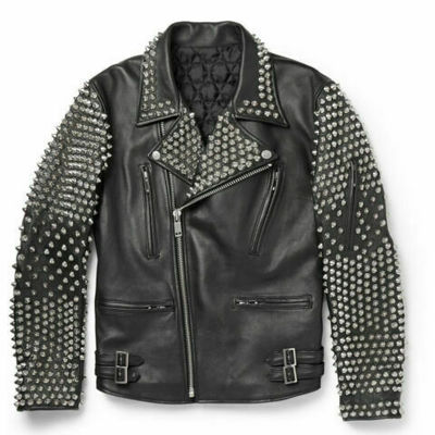 Mens leather jacket full black studded biker leather jacket handmade