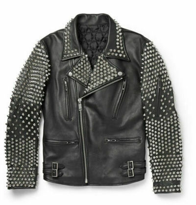 Mens Leather Jacket Full Black Studded Biker Leather Jacket Handmade