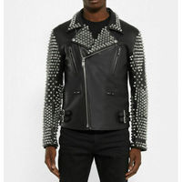 Mens Leather Jacket Full Black Studded Biker Leather Jacket Handmade - Thumbnail 3