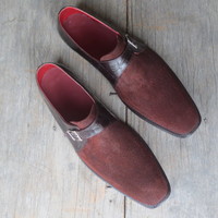 Handmade Brown Leather & Suede Monk Straps Shoes For Men - Thumbnail 1