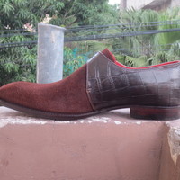 Handmade Brown Leather & Suede Monk Straps Shoes For Men - Thumbnail 2