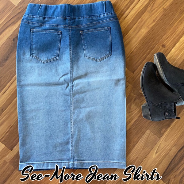 CLASSIC COMFORT BLUE BLUSH MID LENGTH DENIM SKIRT