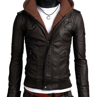 Men brown fabric hooded leather jacket