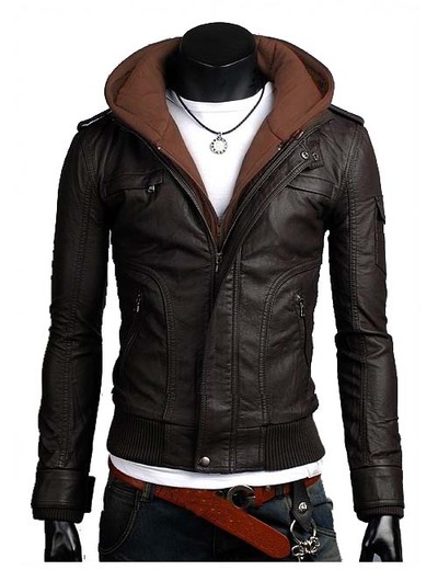 Men brown fabric hooded leather jacket