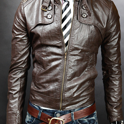 Men double button slim fit leather jacket,men jackets, biker leather jacket