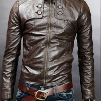 MEN DOUBLE BUTTON SLIM FIT LEATHER JACKET,MEN JACKETS, BIKER LEATHER JACKET - Thumbnail 1