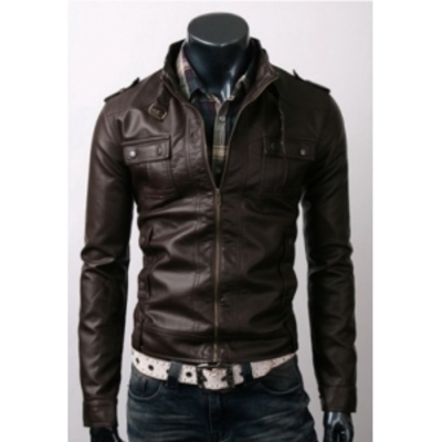 Men slim brown leather jacket with six front pockets, mens leather jacket, biker leather jacket mens