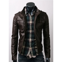 Men Slim Brown Leather Jacket with six front pockets, Mens leather jacket, biker leather jacket mens - Thumbnail 1