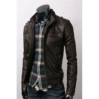 Men Slim Brown Leather Jacket with six front pockets, Mens leather jacket, biker leather jacket mens - Thumbnail 2