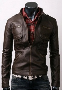 Men Slim Brown Leather Jacket with six front pockets, Mens leather jacket