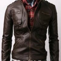 Men Slim Brown Leather Jacket with six front pockets, Mens leather jacket - Thumbnail 1