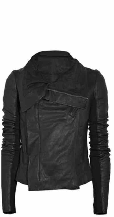 Women black high neck free collar leather jacket