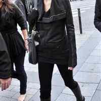 Women black high neck free collar leather jacket - Thumbnail 1
