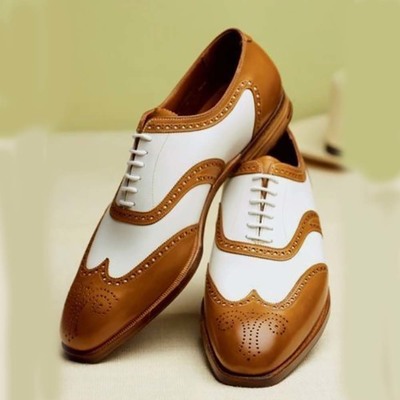 Handmade white & tan wing tip brogue lace up leather shoes for men's - Thumbnail 5