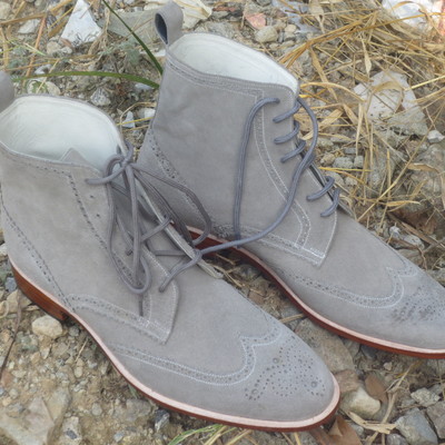 Handmade men's gray wing tip brogue suede boots, men boots - Thumbnail 2