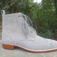 Handmade Men's Gray Wing Tip Brogue Suede Boots, Men Boots - Thumbnail 2