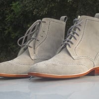 Handmade Men's Gray Wing Tip Brogue Suede Boots, Men Boots - Thumbnail 3