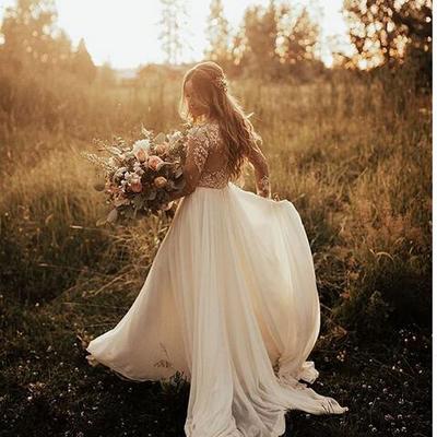Simple chiffon wedding dresses sheer long sleeve lace appliques wedding dress 