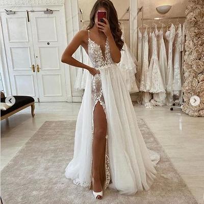 Simple a line tulle wedding dresses spaghetti straps lace side slit boho wedding dress 
