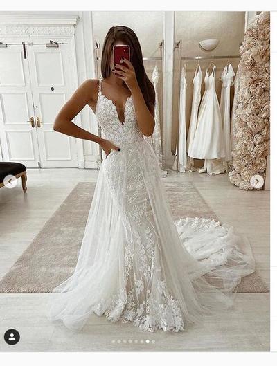 Unique Tulle Wedding Dresses Spaghetti Straps Lace AppliquesSide Slit Boho Wedding Dress 