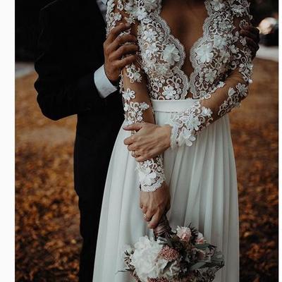 Simple garden wedding dresses sheer long sleeve lace boho wedding dress 