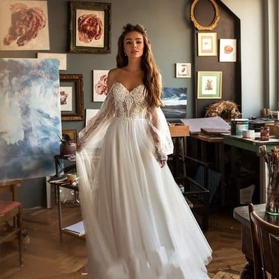 Elegant bohemia lace beach wedding dress long sleeve off the shoulder boho wedding bridal gowns robe de mariee