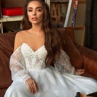 Elegant Bohemia Lace Beach Wedding Dress Long Sleeve Off The Shoulder Boho Wedding Bridal Gowns Robe De Mariee - Thumbnail 1