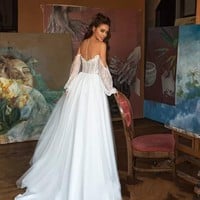 Elegant Bohemia Lace Beach Wedding Dress Long Sleeve Off The Shoulder Boho Wedding Bridal Gowns Robe De Mariee - Thumbnail 2