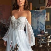 Elegant Bohemia Lace Beach Wedding Dress Long Sleeve Off The Shoulder Boho Wedding Bridal Gowns Robe De Mariee - Thumbnail 3