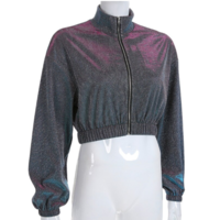 Metallic Shiny Zip Front Elastic Waist Jacket Coat - Thumbnail 3