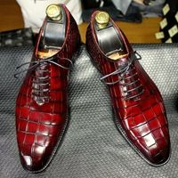 Handmade Men's Burgundy Lace up Shoes, Men Crocodile Patterned Dress Shoes - Thumbnail 1