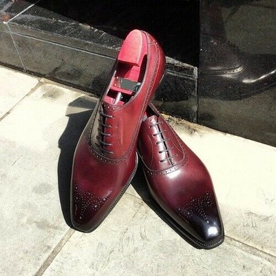 Handmade men burgundy color brogue leather dress shoes, men leather formal shoes