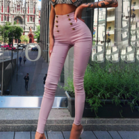 Elegant Pink Elastic Waist Skinny Pencil Pants - Thumbnail 1