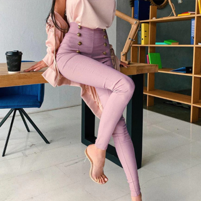 Elegant pink elastic waist skinny pencil pants - Thumbnail 4