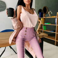 Elegant Pink Elastic Waist Skinny Pencil Pants - Thumbnail 3