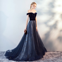 Blue velvet tulle prom dress evening dress - Thumbnail 2