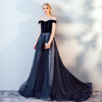 Blue velvet tulle prom dress evening dress - Thumbnail 3