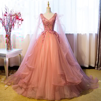 Pink v neck tulle lace ball gown formal dress - Thumbnail 5
