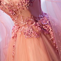 Pink v neck tulle lace ball gown formal dress - Thumbnail 1