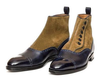 Men Navy Blue Tan Color High Ankle Derby Cap Toe Suede Genuine Leather Button Boots