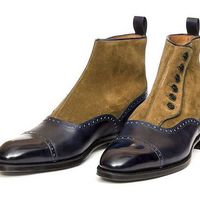 Men Navy Blue Tan Color High Ankle Derby Cap Toe Suede Genuine Leather Button Boots - Thumbnail 3