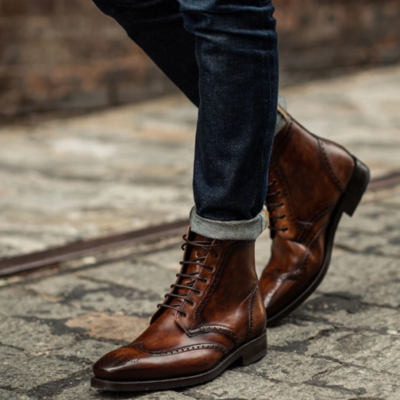 Handmade men's wing tip brogue lace up dress boots, men brown high ankle boots